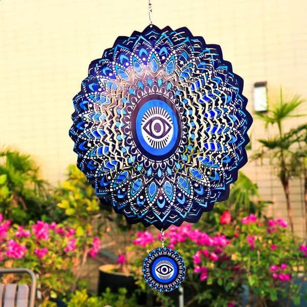 Wind Spinner Blue Hanging Decoration for Outdoor Garden Turkish Eyes Spinners Mandala Chimes Ornaments Kinetic Yard Art 240810