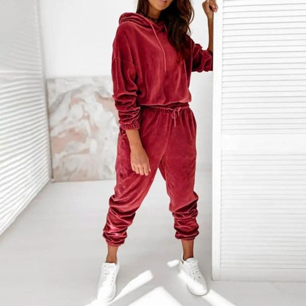 2 PcsSet Stylish Women Hoodie Sweatpants Set Soft Hoodie Pants Set Drawstring Keep Warm Pure Color Fall Tracksuit 240810