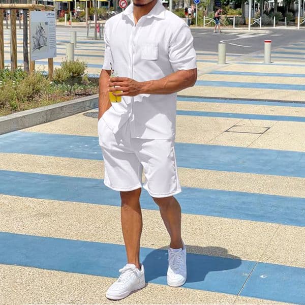 2024 Summer Mens Short sleeved Polo Neck Shirt Shorts Casual Mens Two Piece Set 240810