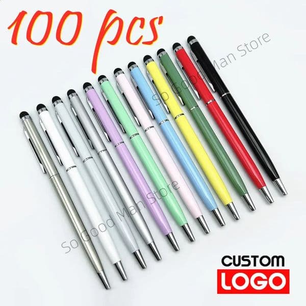 100 Pcs 13-color Metal 2-in-1 Stylus Universal Ballpoint Pen Custom Text Engraving Office School Advertising Pen Wholesale 240809