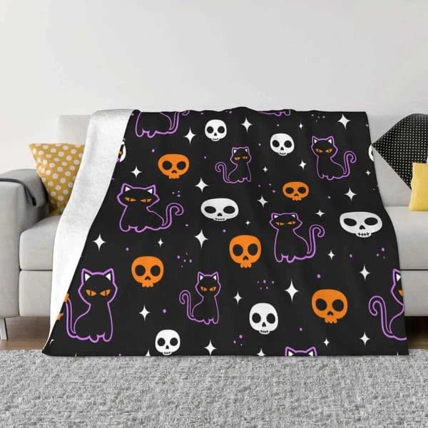 Halloween Blankets Fleece Winter Skulls And Black Cat Breathable Ultra-Soft Throw Blanket for Bed Travel BedspreadsXJ240813