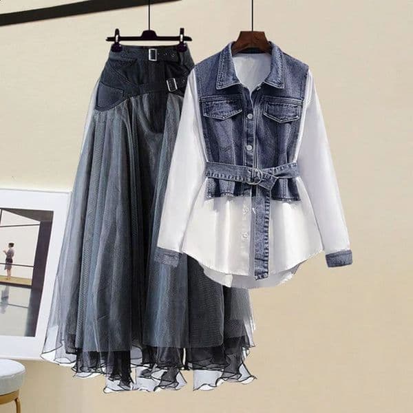 Large size twopiece skiing set for spring and autumn street clothing shirtsheer Aline floral high waisted 240809
