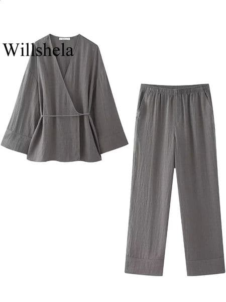 Willshela Women Fashion Two Piece Set Grey Lace Up Loose Coats Vintage High Elastic Waist Trousers Feamle Chic Lady Pants Sets 240813