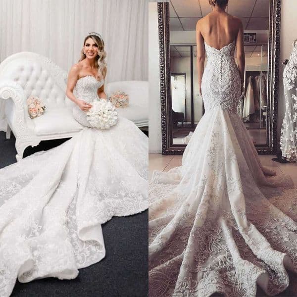 Exquisite Mermaid Gown Wedding Dresses Pattern Lace Bridal Gowns Big Strapless Vestidos De Novia Custom Size Colour 0228Lz