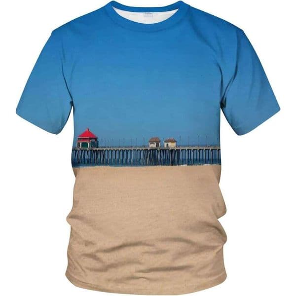 Mens T shirt 3D Novelty T-Shirt Image of The Beach Pier with a Lifeguard Tower shirts tshirt graphic tee Casual tops summer clothes Short sleeve Free shipping