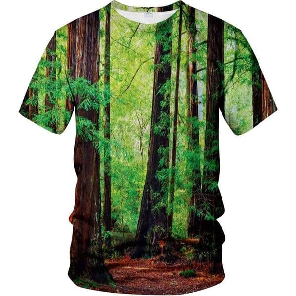 Mens T shirt 3D Novelty T-Shirt Redwood Trees Northwest Rain Forest Tropical Scenic Wild Nature Branch shirts graphic tee Casual tops summer clothes Short sleeve