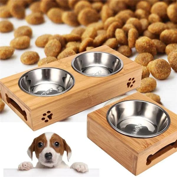 Pet dog cat bowl ceramic bowl bamboo bowl wooden table cat anti slip double bowl small dog food bowl 240812