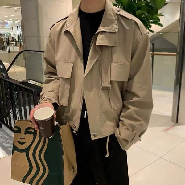 Men's Korean Style Retro Cargo Jacket - Loose Fit, Turn Down Collar, Solid Pockets, Casual