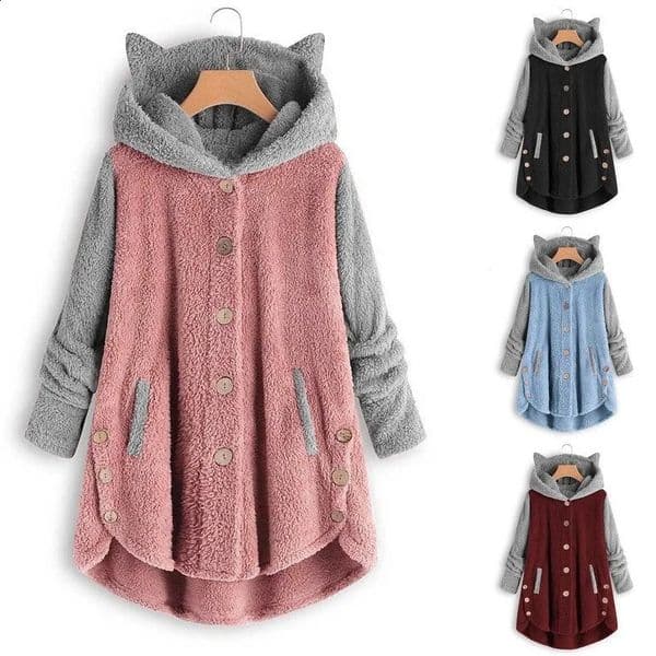 Cat Print Long Hoodies Sweatshirt Women Fleece Warm Button Pocket Pullovers Cat Ear Plus Size Hoodie Top Blouse Sweat Femme 240813