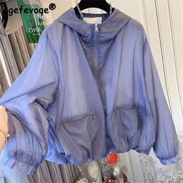 Women Clothing Summer Trendy Casual Sports Zipper Sunscreen Jacket Female Solid Long Sleeve Loose Thin Outdoor Hooded Coat 240813