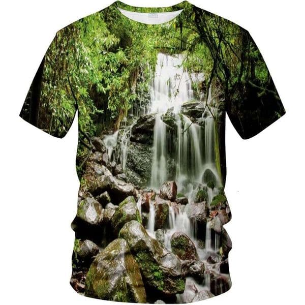 Fashion Mens T shirt 3D Novelty T-Shirt Rain Forest with Waterfall on Rock Stones Foliage Dense Habitat shirts tshirt graphic tee Casual tops clothes Short sleeve