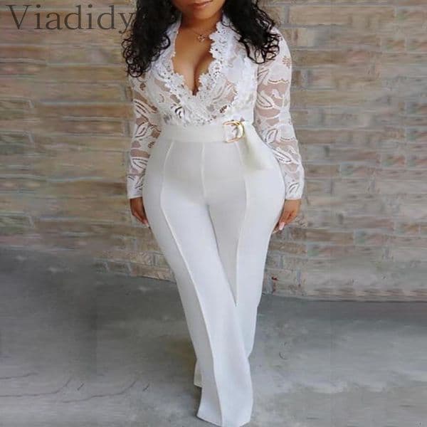 Women White Lace Bodice Insert Bodycon Wide Leg Jumpsuit 240813
