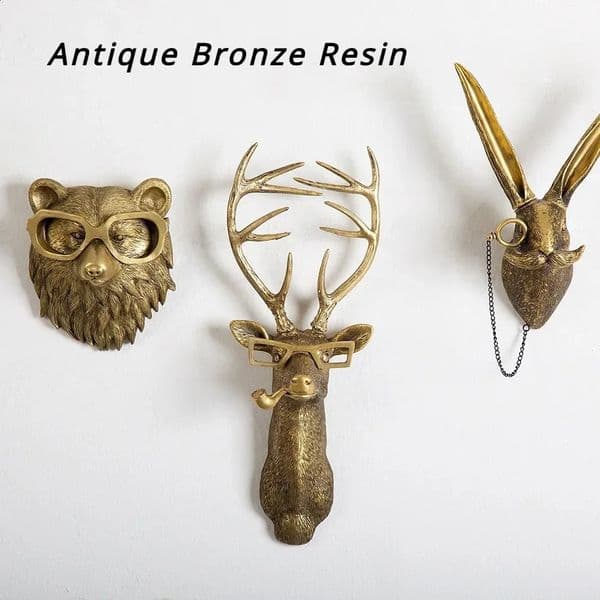 Antique bronze resin animal pendant golden deer head wall storage hook background wall accessories decorative patterns 240810