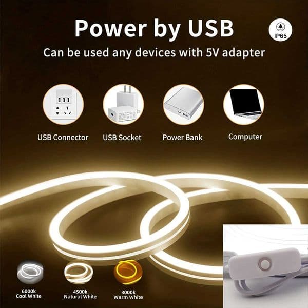 Neon Light LED Strip DC 5V USB 1-5M Button Switch Flexible Neon Sign Tape Tube Lamp Outdoor IP68 Waterproof Home Room Decoration CL240815