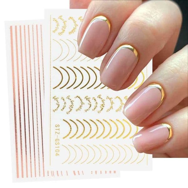 Press Ons Nail 3D Simple Lines Nail Stickers nail charm Rose Gold Metal Stripe Letters Decals handmade nail Curve Gel Nails Art Sliders Polish Manicure Decor