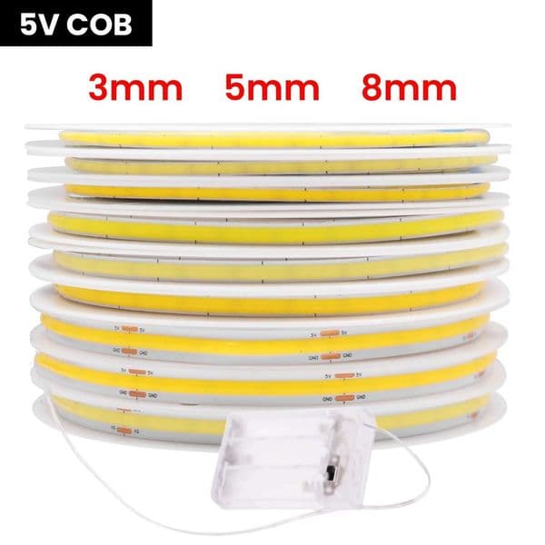 5V COB LED Strip With AA Battery Box 3MM 5MM 8MM PCB Width 320LEDs/m Flexible COB LED Tape Warm White Red Green Blue Pink Yellow CL240815