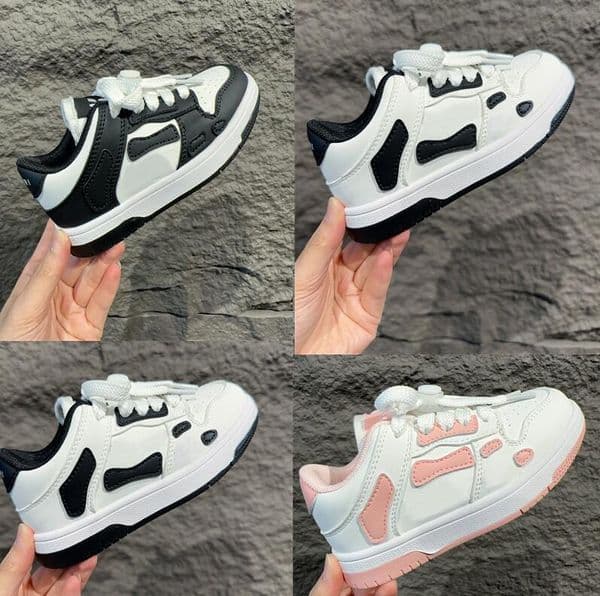 Designer Sneakers Kids Running Shoes Edge Painted Leather Bones Applique Youth Toddler Gradeschool Children Boy Girl Runner