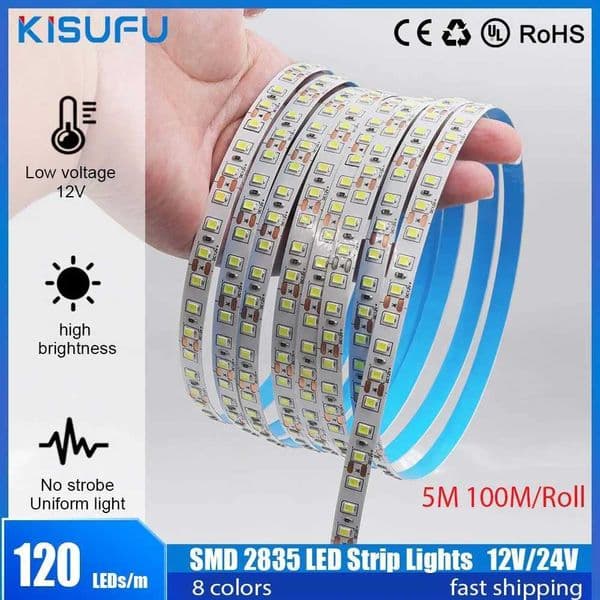 12V LED Strip SMD 2835 100M LED Stripe Tape Light 120LEDs/M Flexible Strip Ribbon Lamp Home Decor Light with 2pin Wire 9 Colors CL240815