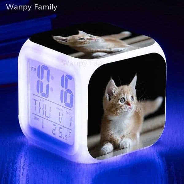 Kitten Cat Alarm Clock 7 Color Changing Glowing Digital Clock Kids Room Multifunction Table Clock Childrens Birthday GiftsM240814
