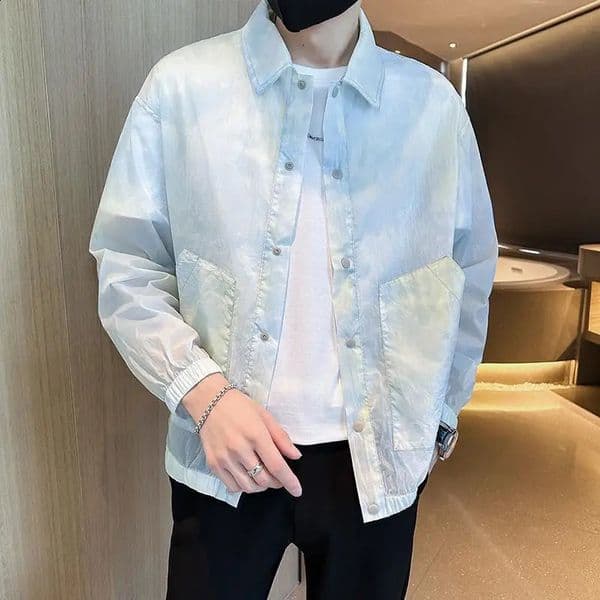 Spring Autumn Fashion Turn-down Collar Long Sleeve Solid Color Mens Clothing Sunscreen Breathable Pockets Button Trend Thin Top 240815