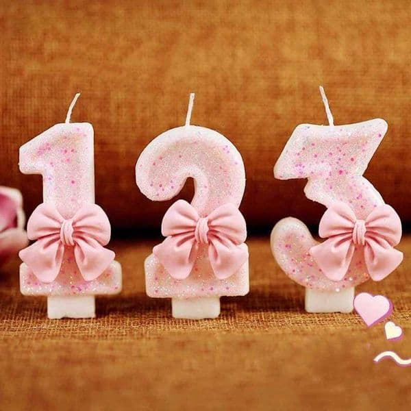 Pink Glitter Bow Candle Cake 0-9 Number Princess Girl Happy Baby Birthday Cupcake Topper Wedding Dessert Baking Supplies Gift Y240815