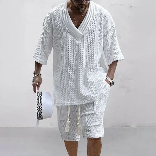 Men Shorts Set Summer Casual Knitted Two Piece Mens Clothing V-Neck Short Sleeve T-shirt and Shorts Streetwear Knit Outfits 240816 Q260528