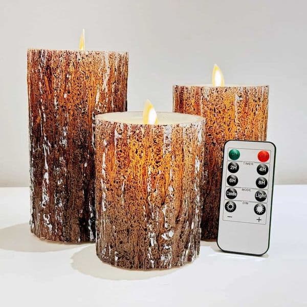 LED Flameless Candles Pine Bark Effect Battery Operated Candles with Remote Control LED Fake Candles 4 5 6 Pack of 3 Y240815