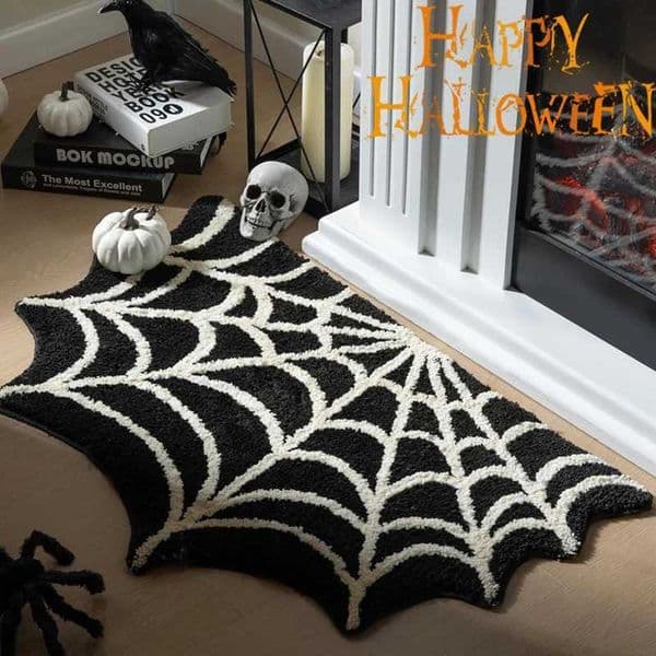 Black Spider Web Halloween Rug Bathroom Rug for Halloween Decor Spooky Gothic Bath Mat Non-Slip Tufted Mat for Front Door LivingM240816