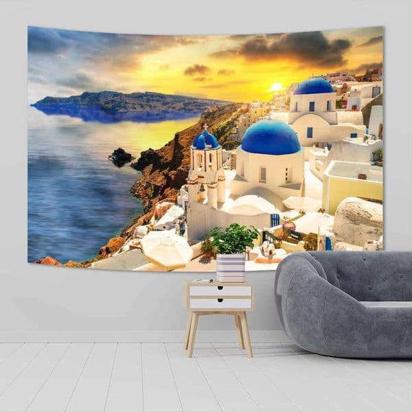 Santorini Tapestries Wall Hanging Beautiful Town Landmark Nature Europe Scenery Background Cloth Home Decoration Y240816