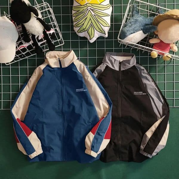 Loose Fit Coat Vintage Color Block Mens Jacket with Zipper Closure Stand Collar for Spring Fall Windproof Streetwear for School 240815