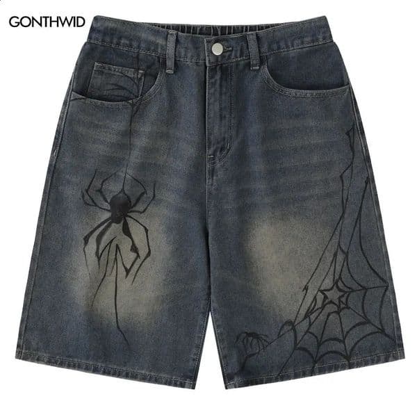 Hip Hop denim shorts Y2K retro spider Cobweb graphic printing blue mens Harajuku summer loose streetwear 240815