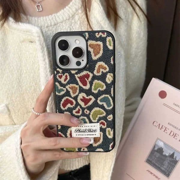 Cute Denim Embroidery Weave Love Heart Phone Case For iPhone 15 14 13 12 Pro Max 15pro 11 Fashion Silicone Protective Cover capaM240816
