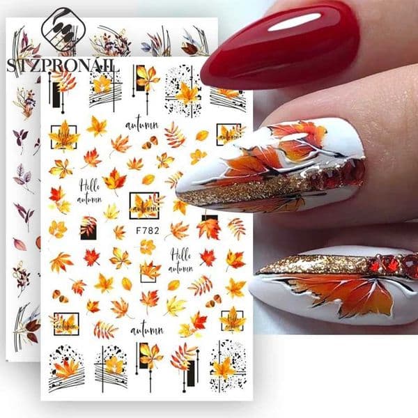 3D Maple Leaf Nail Art Stickers Gold Autumn Line Adhesive Slide Design Polishing Stickers DIY Handmade Decoration Accessories Tips W240815
