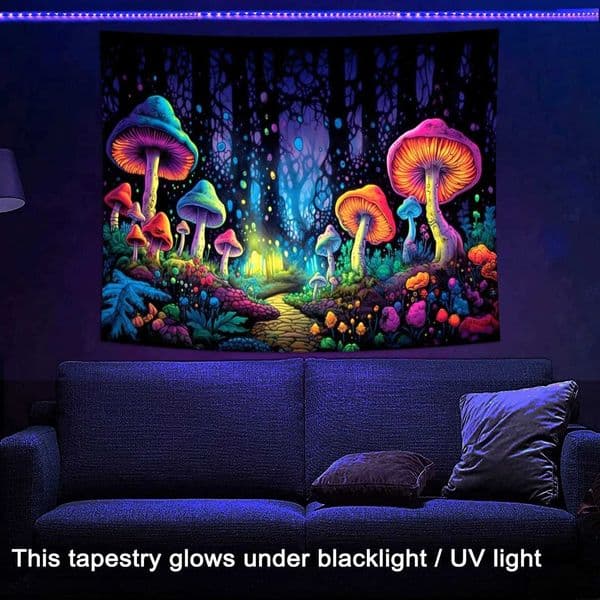 Neon Art Mushroom Forest Planet Blacklight TapestryWall Hanging Glow Under Ultraviolet Light For DormLiving Room Party Dcor Y240816