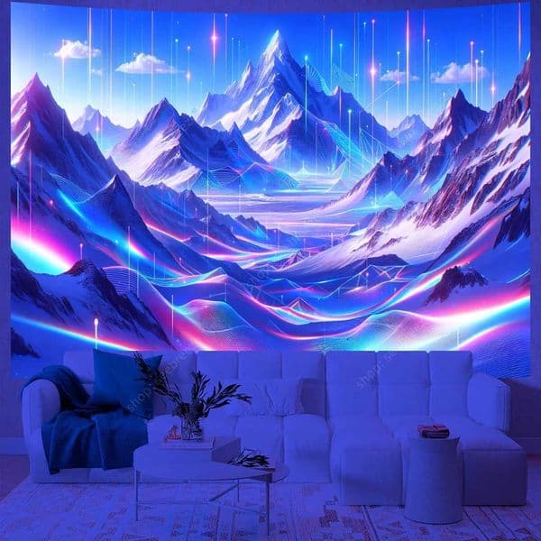 Psychedelic Neon Mountain UV Reactive Tapestry Wall Hanging for Hippie Home Decor Aesthetic Bedroom Living Room Dorm Wall Decor Y240816