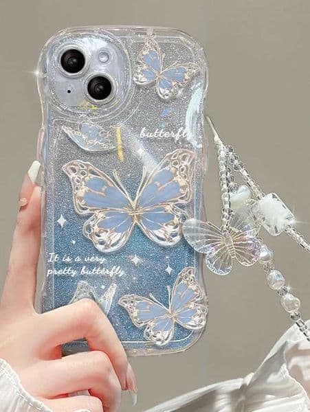 1pc Blue Ombre Glitter Card Holder + Butterfly Bracelet + Blue Anti-Fall Tpu Phone Case Compatible With Iphone Compatible With IM240816