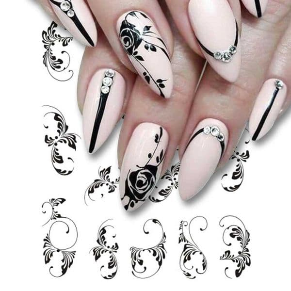 1 piece of nail sticker flower water transfer white rose necklace jewelry nail water sticker black packaging pointed handmade SASTZ609-658 W240815