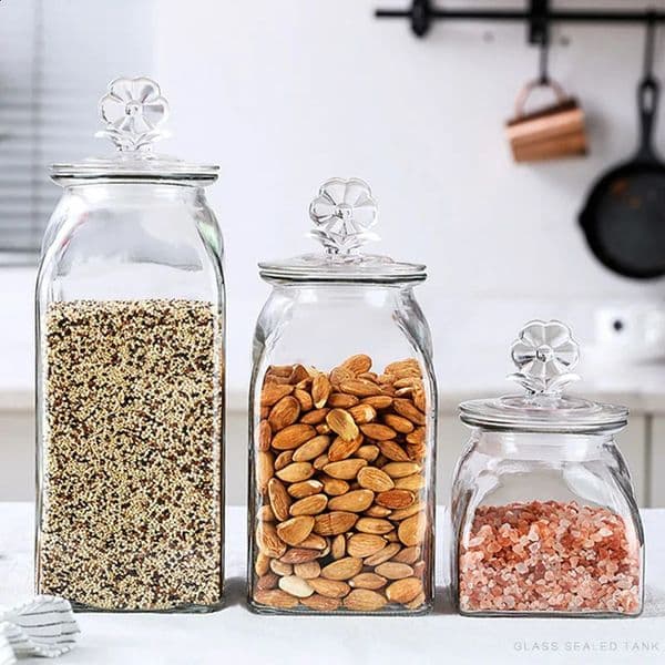 Nordic Flower Transparent Glass Storage Jar Square Candy Food Storage Bottle Coffee Tea Sealed Jar Kitchen Decoration 240816