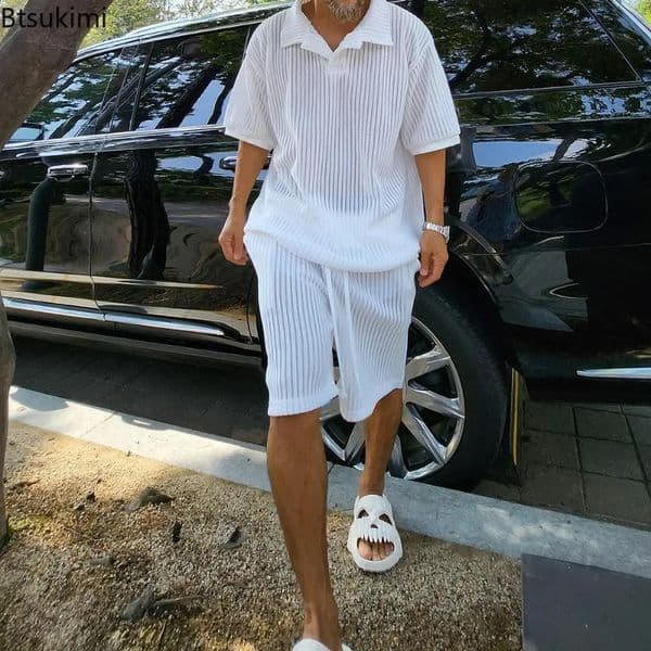 2024 Mens Summer Knitted Short Sleeve Tops And Shorts Sets Male Two Piece Set Streetwear Casual Men Vintage Suits Sets Outfits 240815