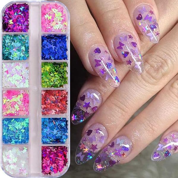 12 grid Aurora Star sheet nail glitter set butterfly nail glitter crystal opal powder for ergonomic nail decoration W240815