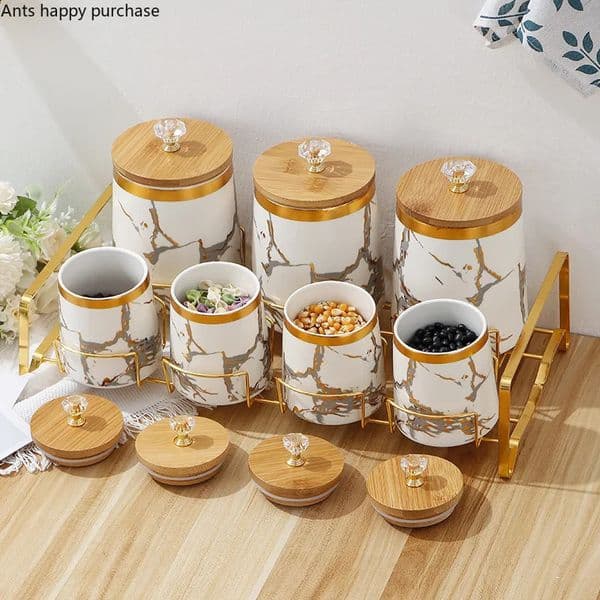 7-piece ceramic storage jar set airtight jar with wooden lid food storage box tea boy spice jar kitchen storage 240816