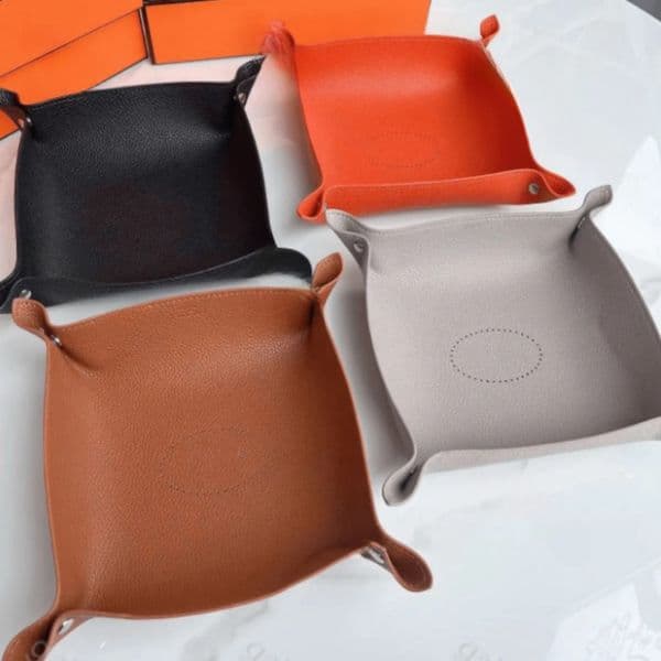 Square designer orange leather tray solid color foyer key storage miscellaneous items desktop candy box thumbnail 2