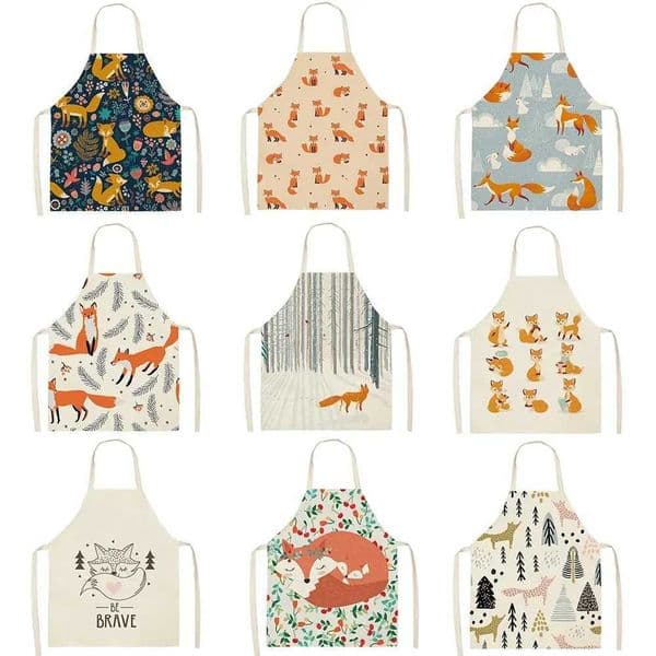 Cute Fox Cat Pattern Apron Women Men Childrens Cooking Oil-Proof Kitchen Cooking Bib Apron Cotton Linen Home TextileXJ240816