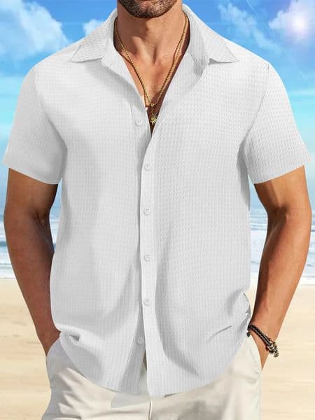 mens solid color casual commuting short sleeved shirt Mens beach jacquard plaid short-sleeved shirt 240816