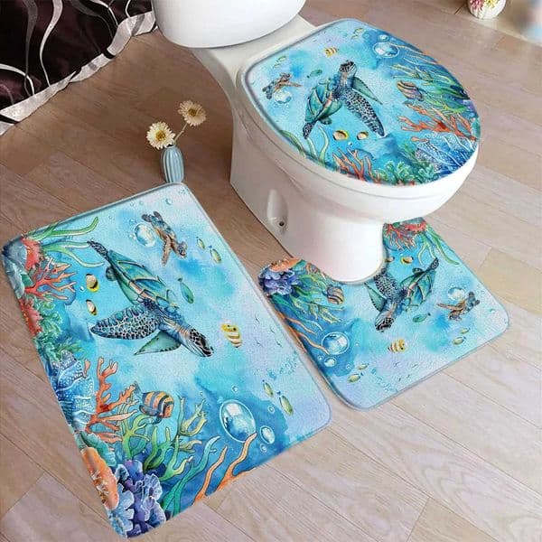 Sea Turtle Bath Mat Set Watercolour Tropical Fish Coral Seagrass Marine Animals Home Bathroom Decor Floor Rugs Toilet Lid Cover Y240816