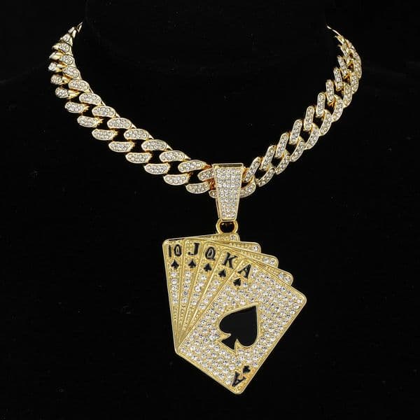 HIP HOP Iced Out Poker Card With 13mm Cuban Link Chain AA Rhinestone Necklaces For Mens Women Rapper Jewelry 240813