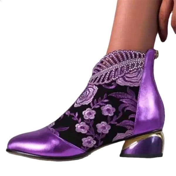 Ankle Boots Womens Shoes Leather Boots Embroidery Ethnic Bohemia Zipper Spring Autumn Ladies Botas De Mujer 240809