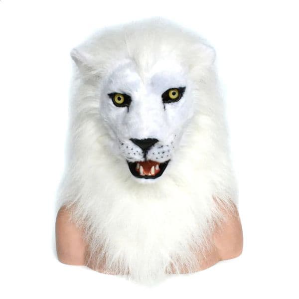 White lion mobile mouth mask decorated with fur used for Halloween and party fun 240819