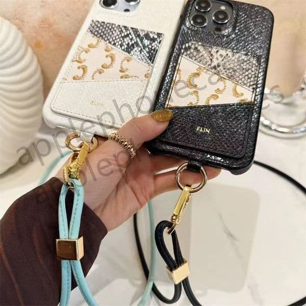 Luxury Phone Case Designer iPhone Case for iPhone 15 Pro Max 14 Promax 13 15 Plus Case Card Slot Holder Snakeskin Grain Leather Crossbody Strap Case