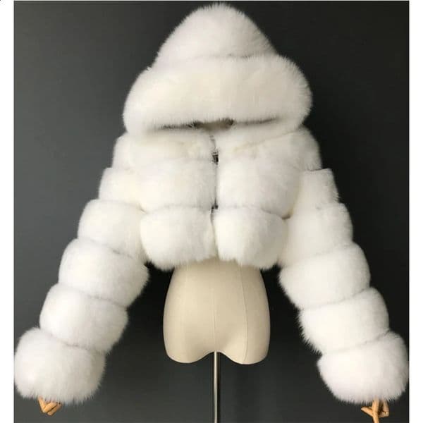 2025 High Quality Furry Cropped Faux Coats And Jackets Women Fluffy Top Coat With Hooded Winter Fur Jacket Manteau Femme